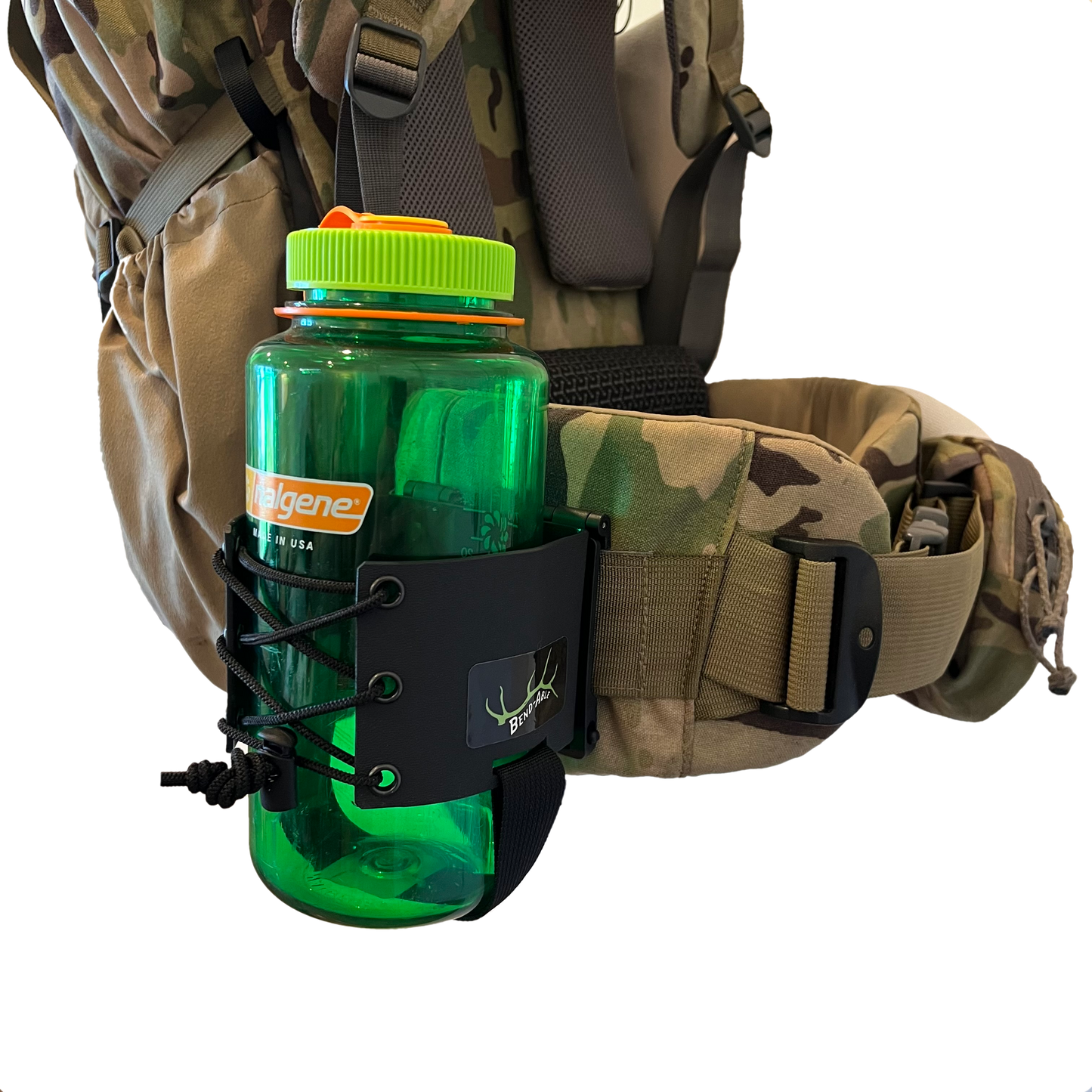 Bend-Able V2 Adjustable Bugle Tube/ Water Bottle Holder – Secure, Silent Carry for Elk Callers | Fits Most Bugle Tubes | Attaches to Backpack Hip Belt or MOLLE System
